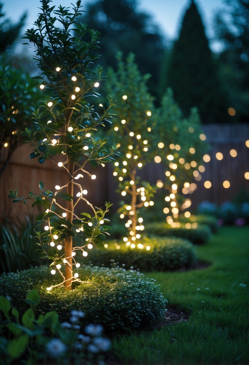 Shrubs in a garden wrapped with warm white fairy lights glowing softly at dusk.