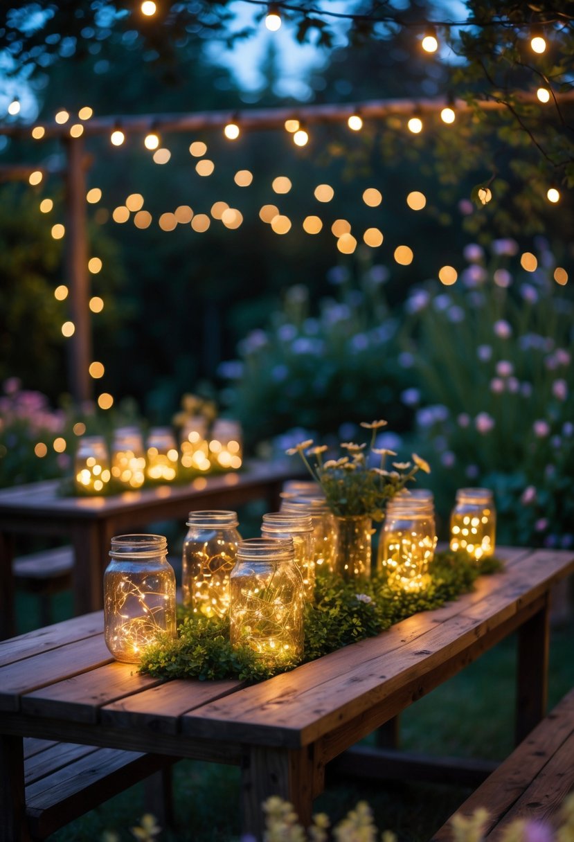 Outdoor garden tables decorated with mason jars filled with glowing fairy lights during twilight.