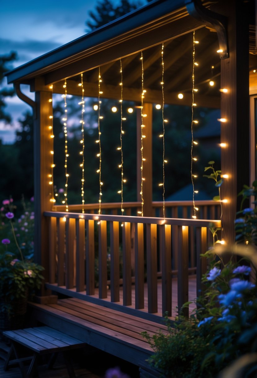 Outdoor wooden deck railings decorated with hanging fairy light curtains glowing warmly at dusk, surrounded by garden plants.
