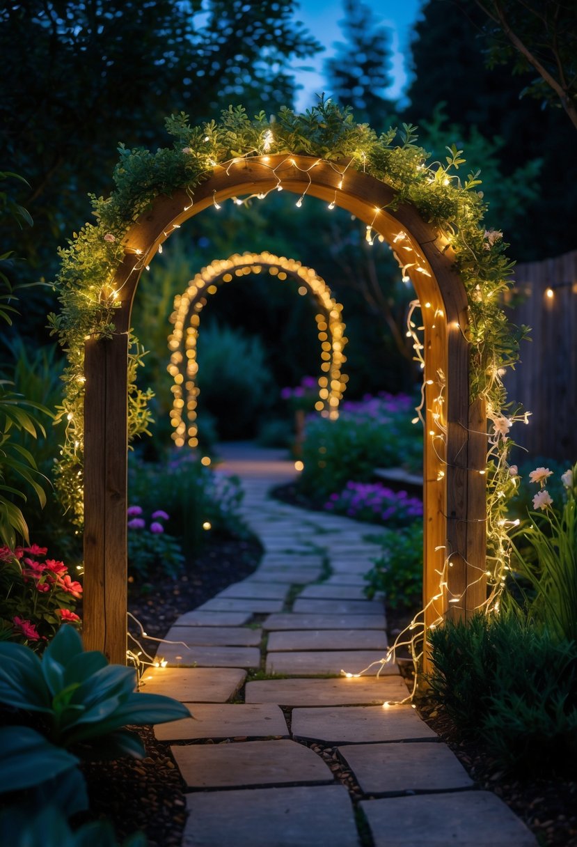 A garden arch decorated with warm white fairy lights surrounded by green plants and flowers in an outdoor garden setting.