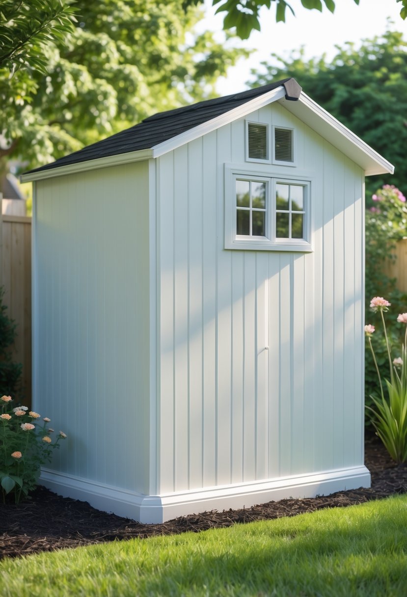 A garden shed with white vinyl skirting around its base in a backyard garden with grass and plants.
