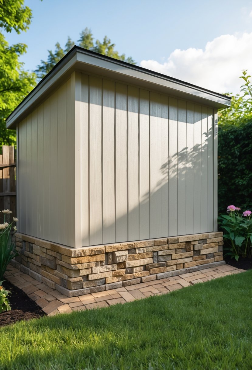 A simple garden shed with faux stone panels around its base surrounded by grass and plants in a garden.