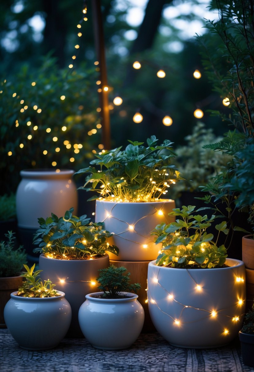 Ceramic planters with green plants and warm white fairy lights glowing inside them in a garden setting at twilight.