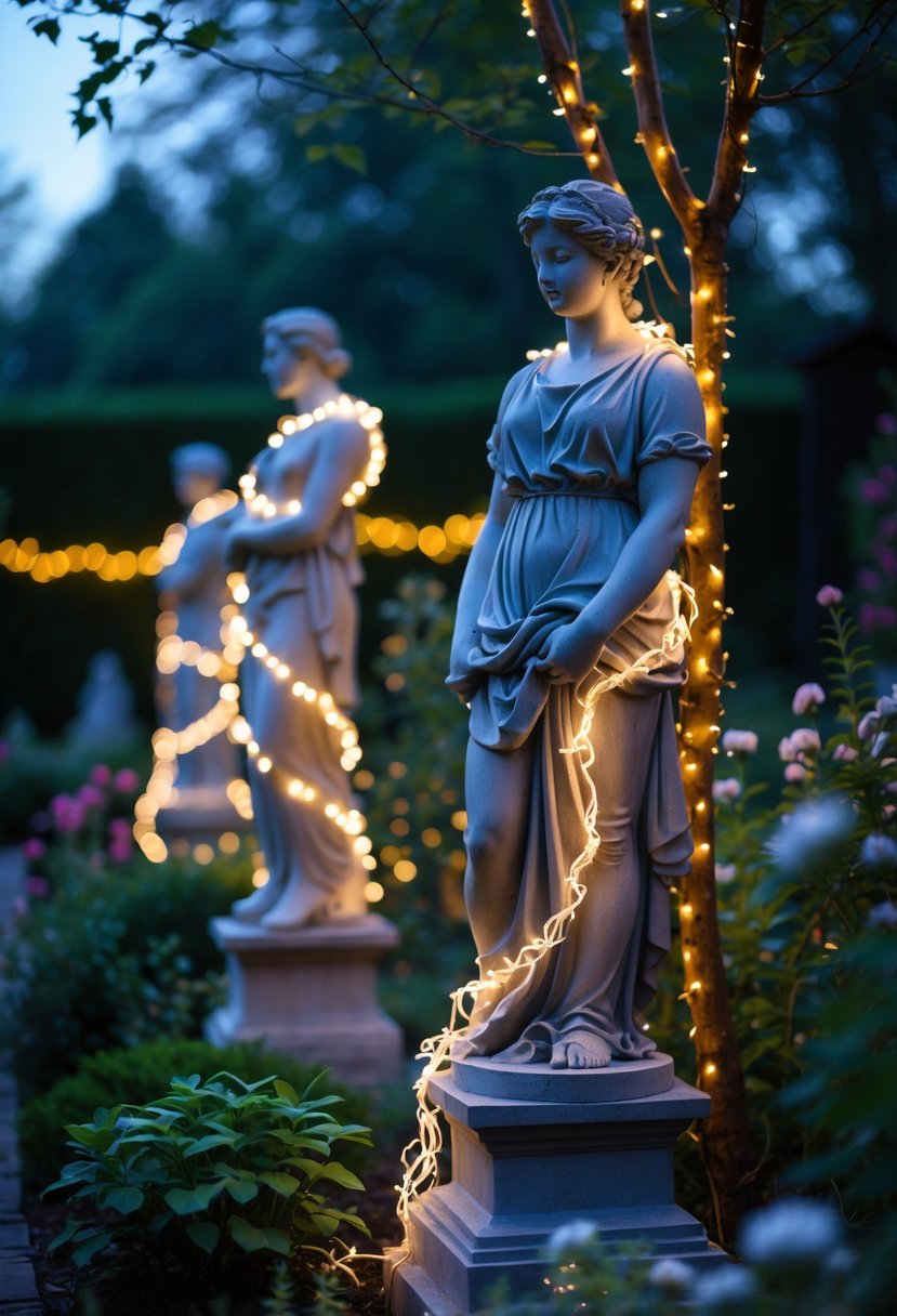 Garden statues wrapped with glowing fairy lights surrounded by plants and flowers at dusk.