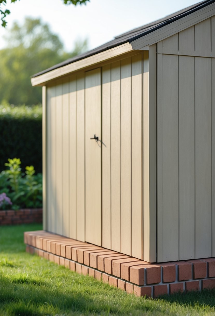 A simple garden shed with brick veneer skirting at its base surrounded by grass and small plants.