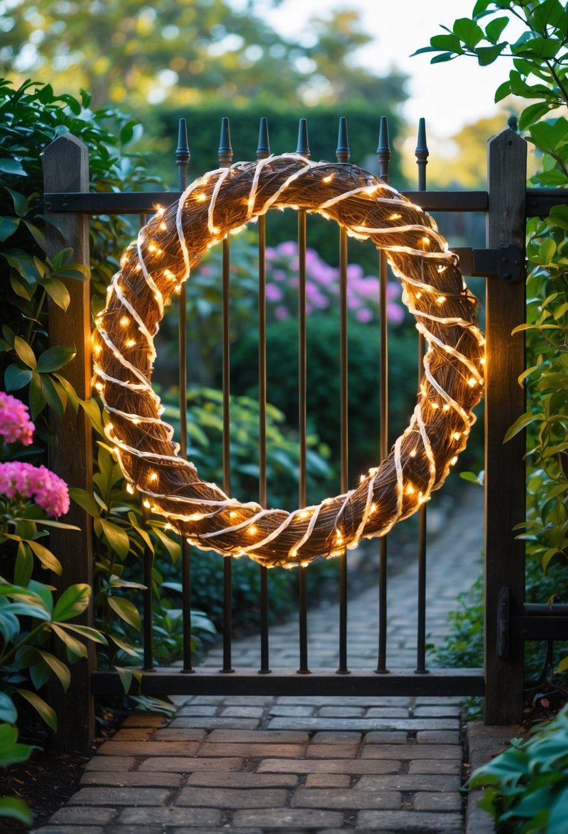 A garden gate decorated with a wreath made of twisted fairy lights surrounded by green plants and flowers.