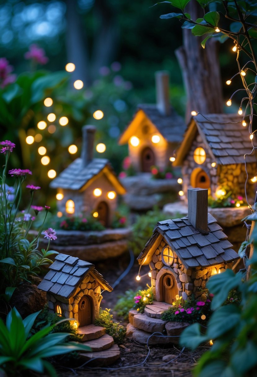 A garden scene with small fairy houses lit by tiny glowing bulbs surrounded by plants and flowers.