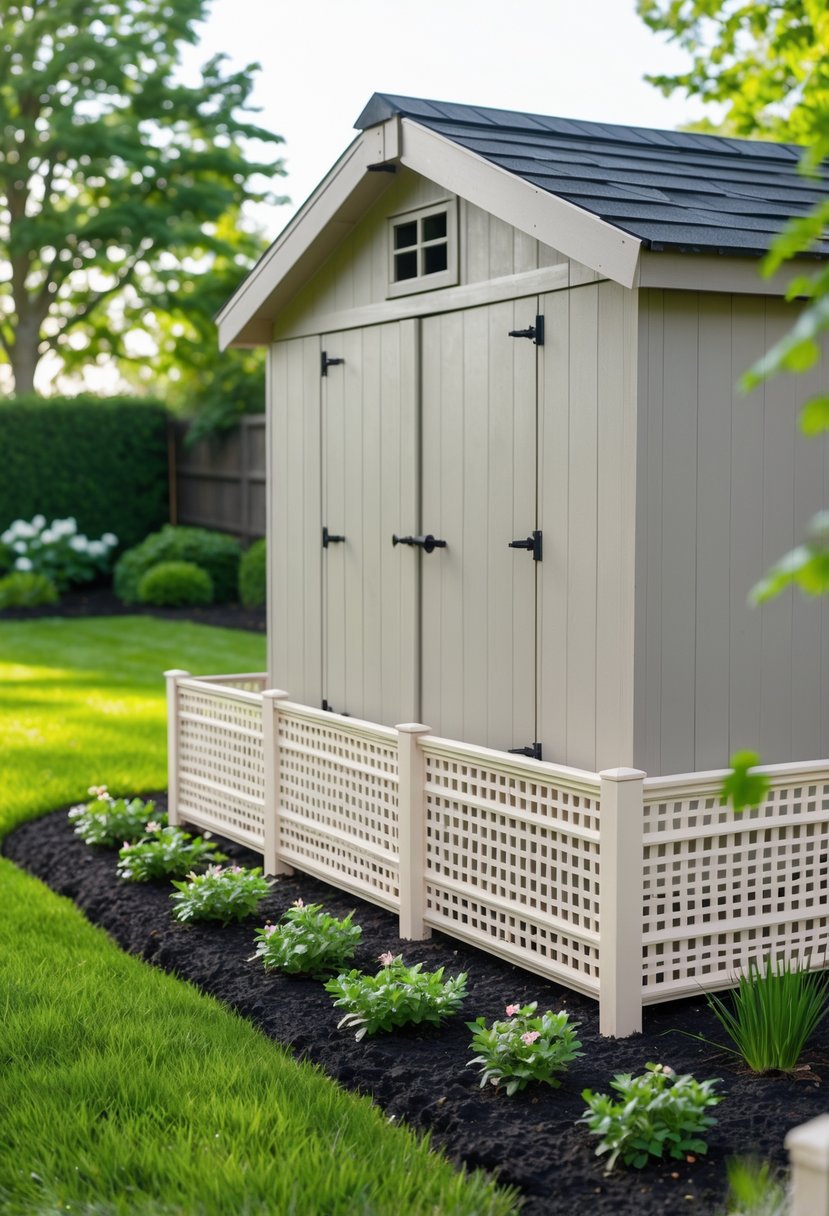 A garden shed with lattice fencing skirting surrounded by grass and small plants.