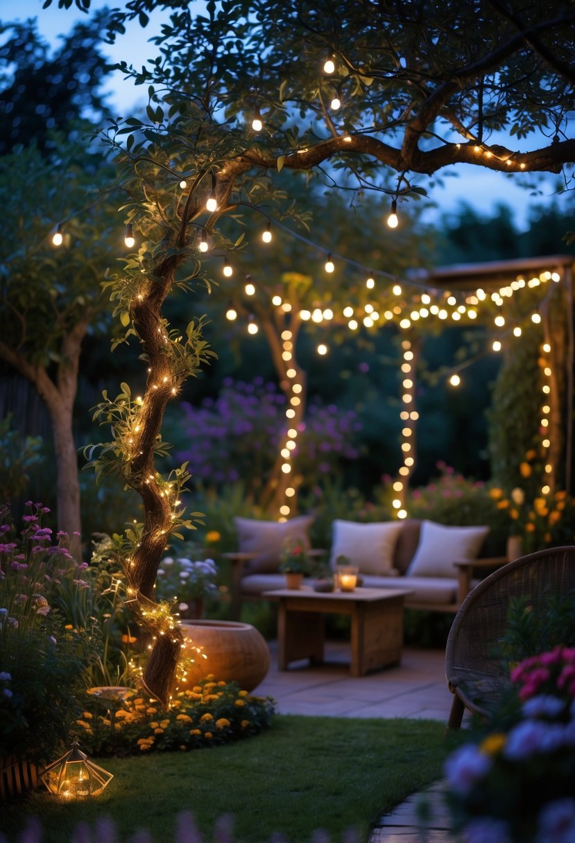 A garden at dusk with battery-operated fairy lights hanging on trees and shrubs, illuminating plants and an outdoor seating area.