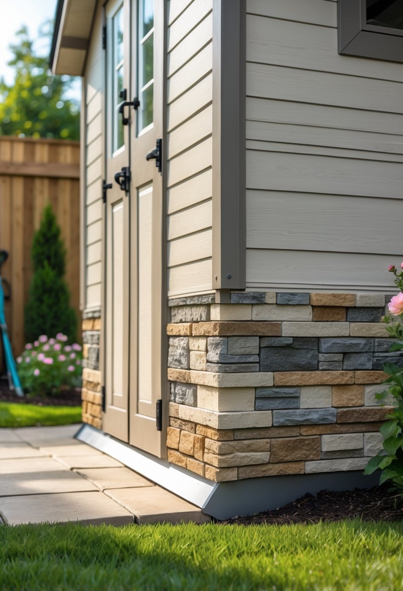 A garden shed with faux stone panel skirting surrounded by grass and plants.