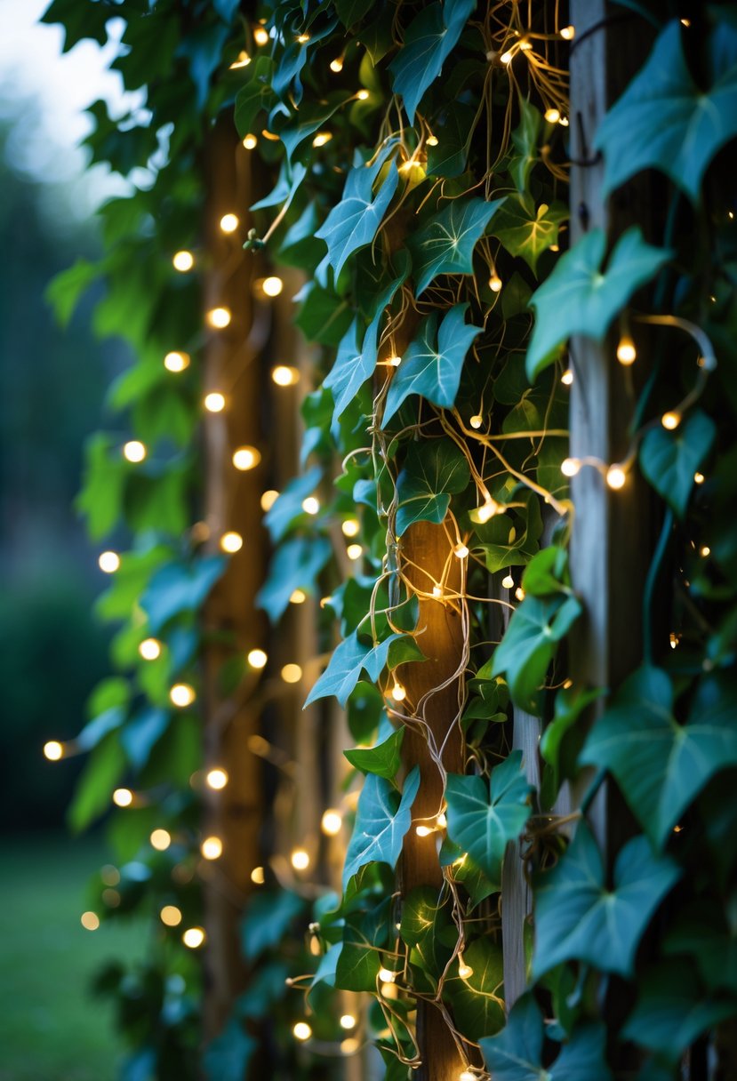 A garden scene with warm fairy lights woven through green ivy and vines on a wooden trellis.