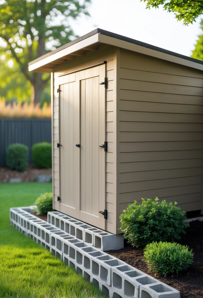 A garden shed with concrete block skirting surrounded by grass and small shrubs.
