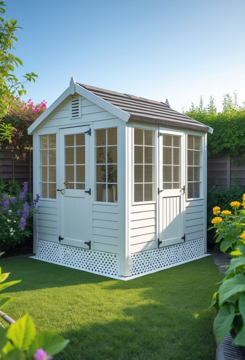 A garden shed with white PVC lattice panels used as skirting, surrounded by green grass and colorful plants.