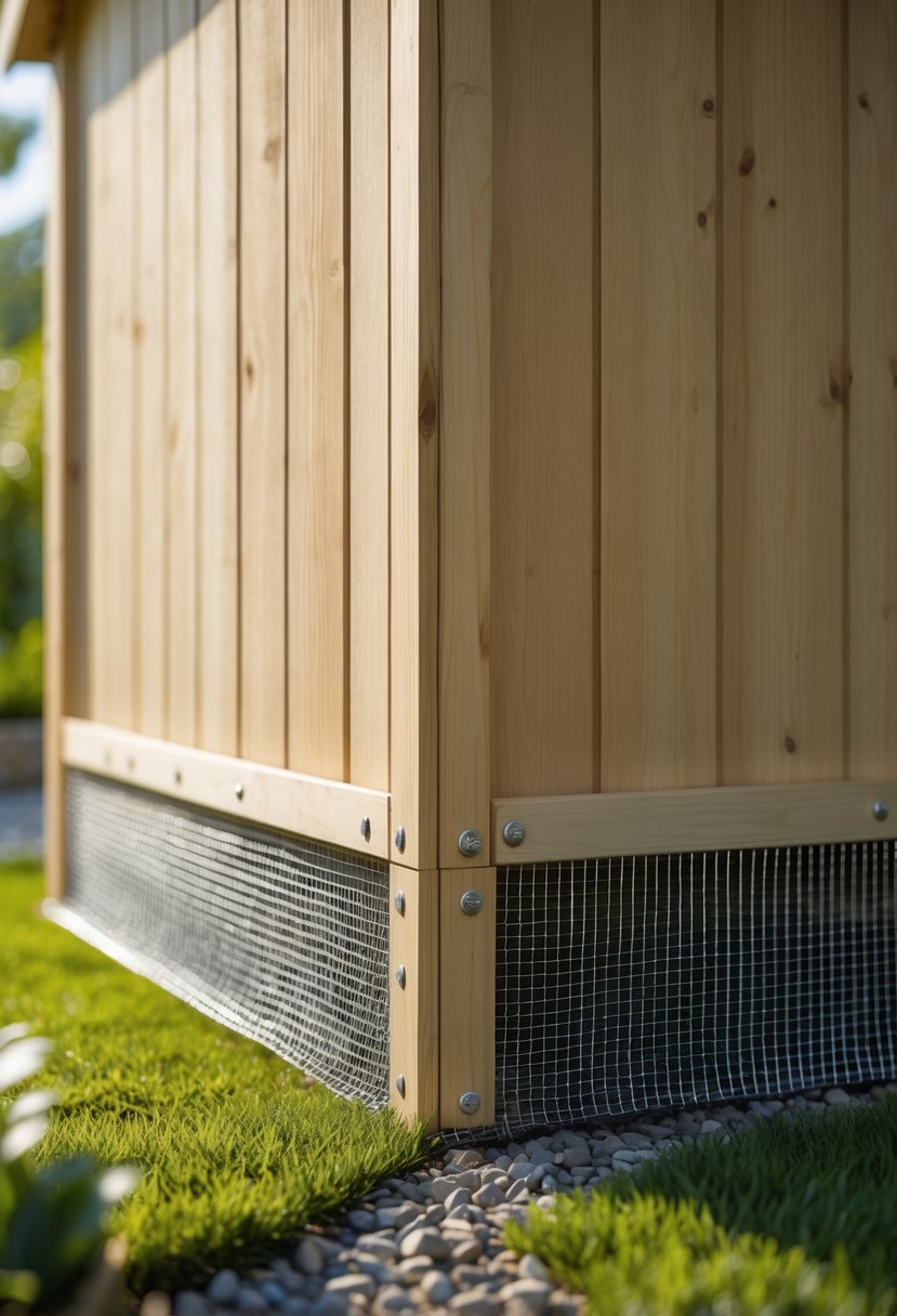 A garden shed with wire mesh skirting framed by wood, surrounded by plants and gravel in a garden setting.