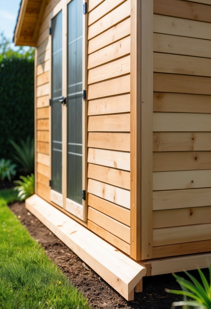 A garden shed with horizontal cedar board skirting surrounded by grass and small plants.