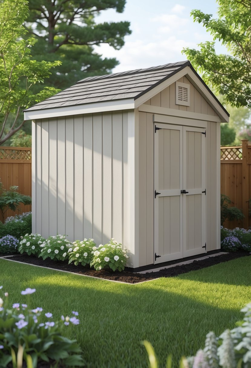 A garden shed with fiber cement siding and matching skirting surrounded by green grass and plants.