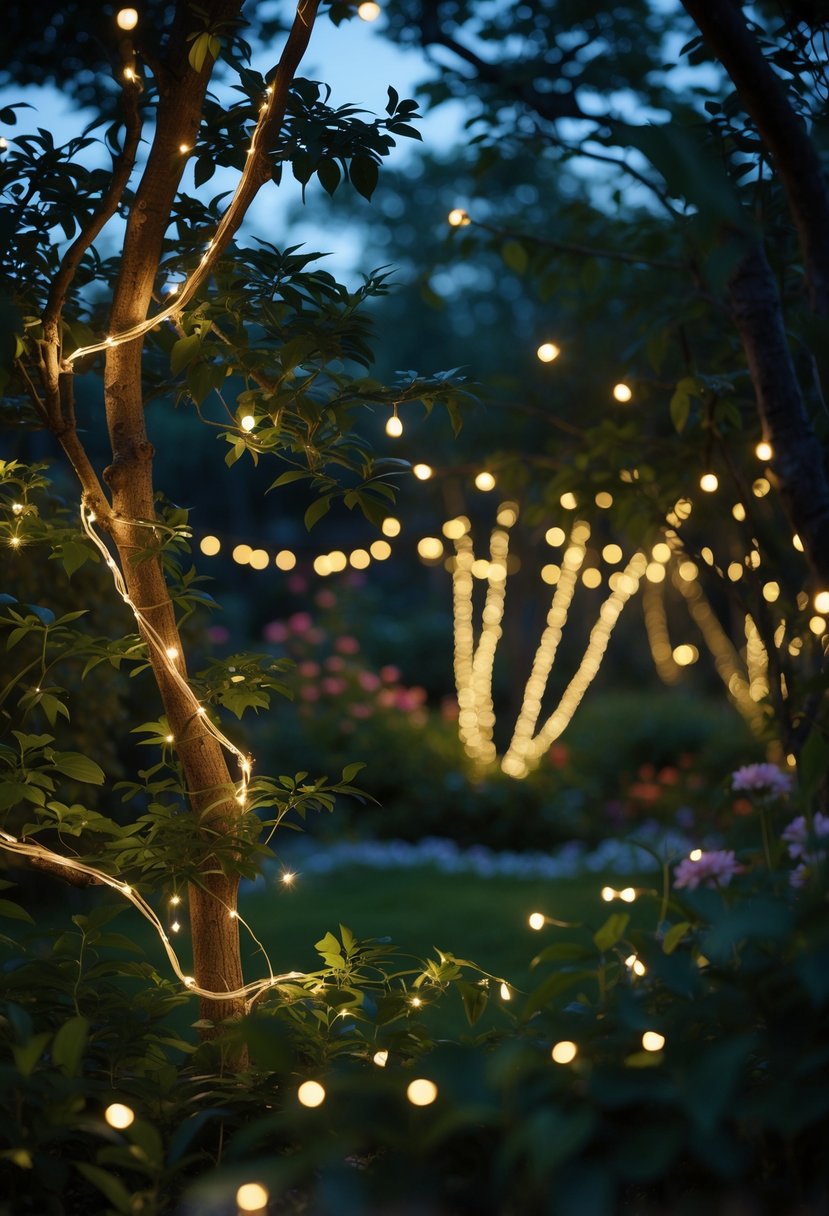 Twinkling fairy lights wrapped around tree branches in a garden at twilight.