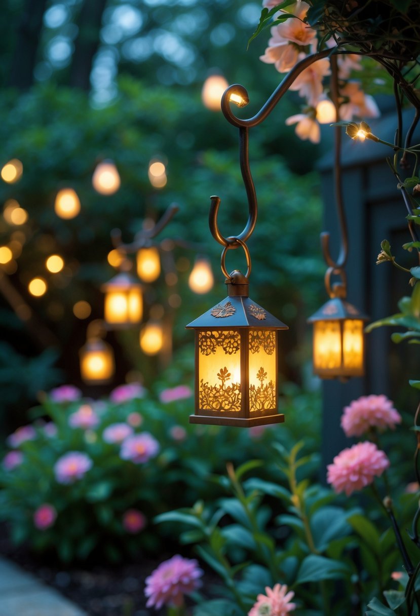 Tiny lanterns hanging from garden hooks glowing softly among green plants and flowers in a garden.