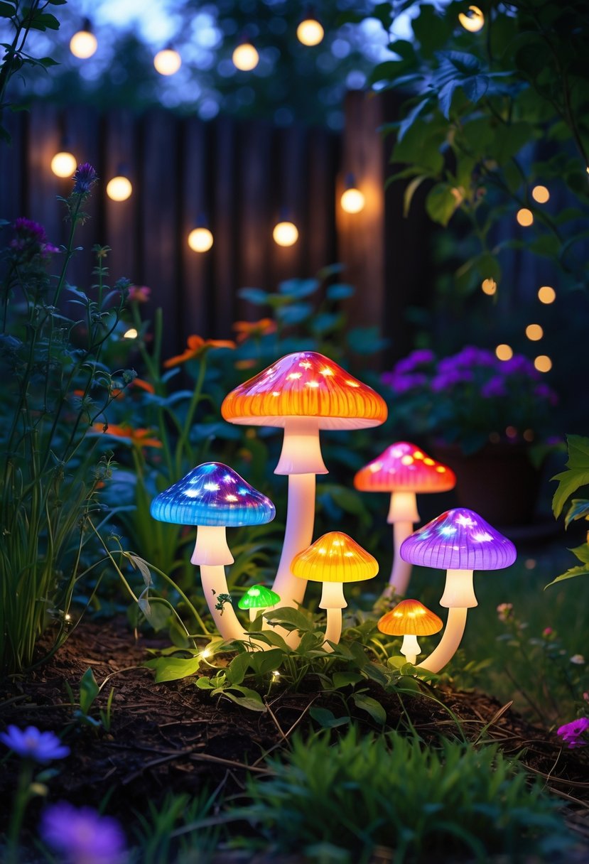 A garden at twilight with glowing mushroom-shaped fairy lights hanging among green plants and flowers.