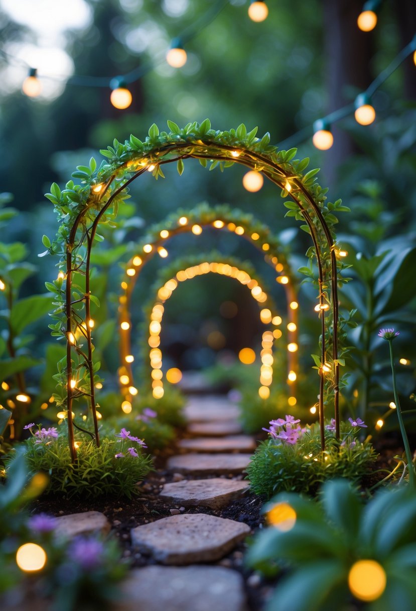Miniature garden arches decorated with glowing string lights surrounded by green plants and flowers.