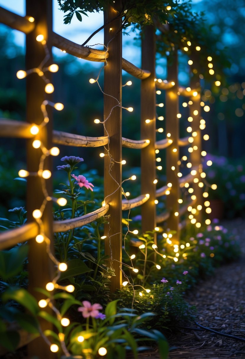 A garden fence decorated with cascading LED vine lights glowing softly among green plants and flowers at twilight.