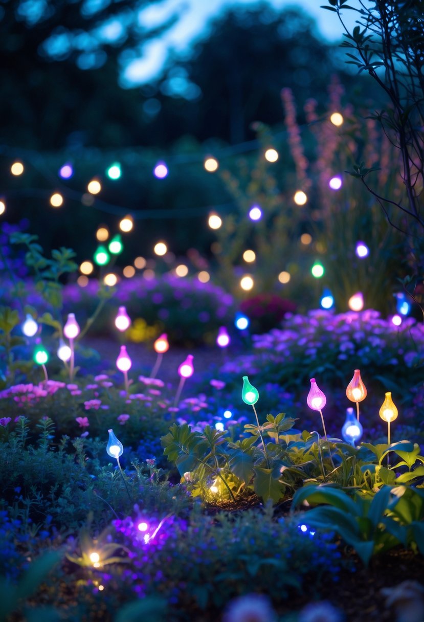 A garden flower bed illuminated by colorful, glowing fairy lights changing colors among blooming flowers and greenery at dusk.