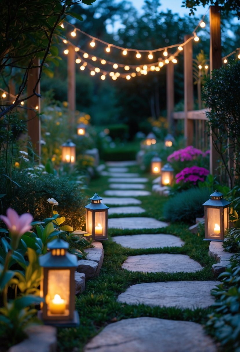 A garden pathway lined with miniature lanterns and decorated with fairy lights glowing softly among plants and flowers.