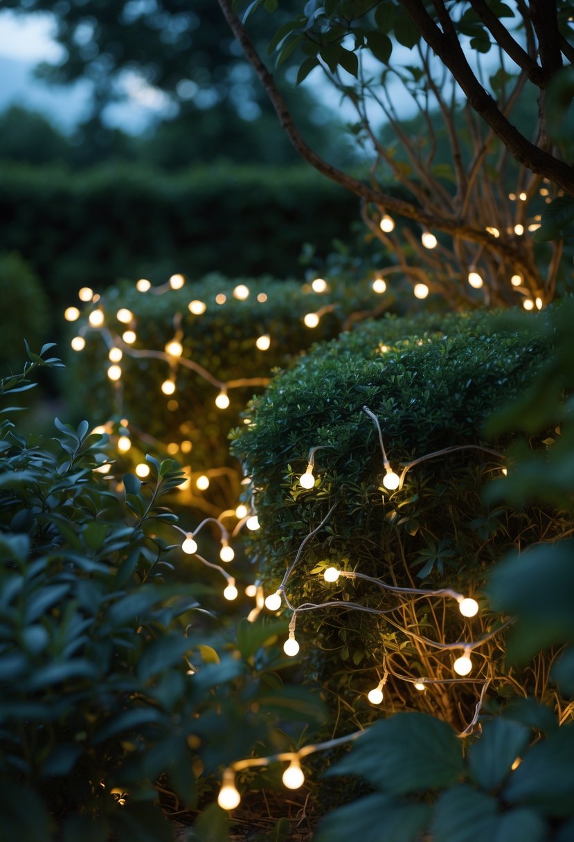 Warm white fairy lights woven into green shrubbery in a garden at twilight.