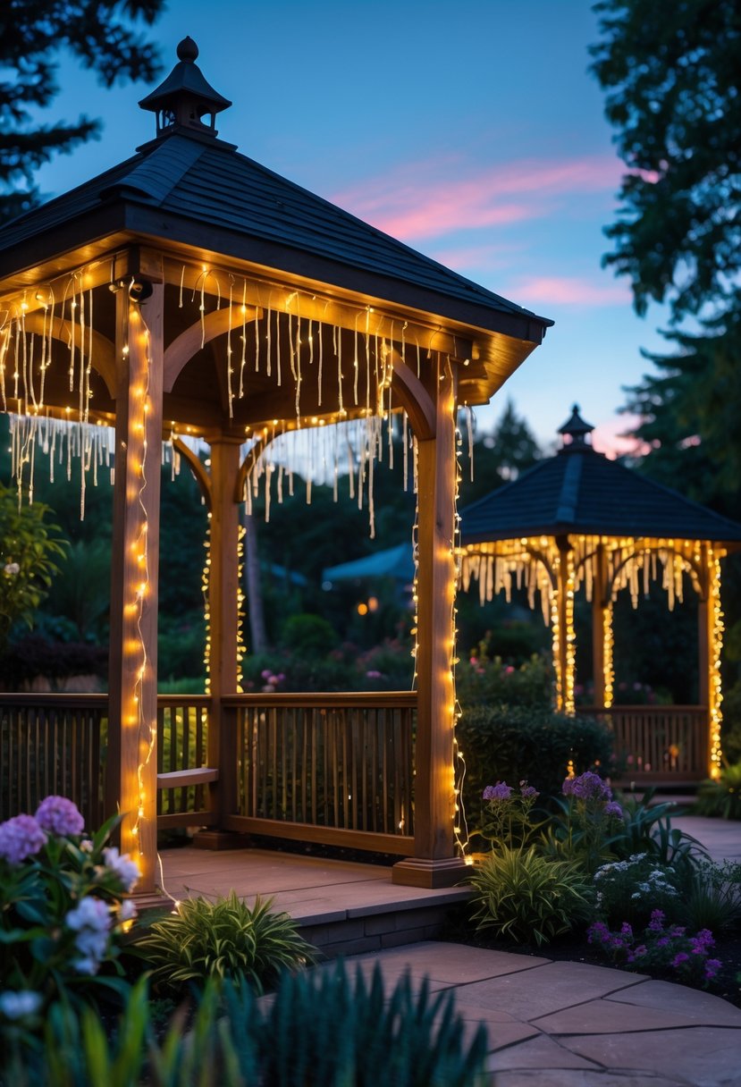 Garden gazebos decorated with icicle fairy lights glowing softly at twilight surrounded by plants and flowers.