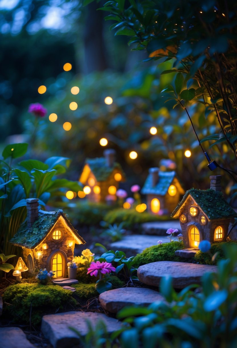 A garden scene with small illuminated fairy houses surrounded by plants and glowing fairy lights at twilight.