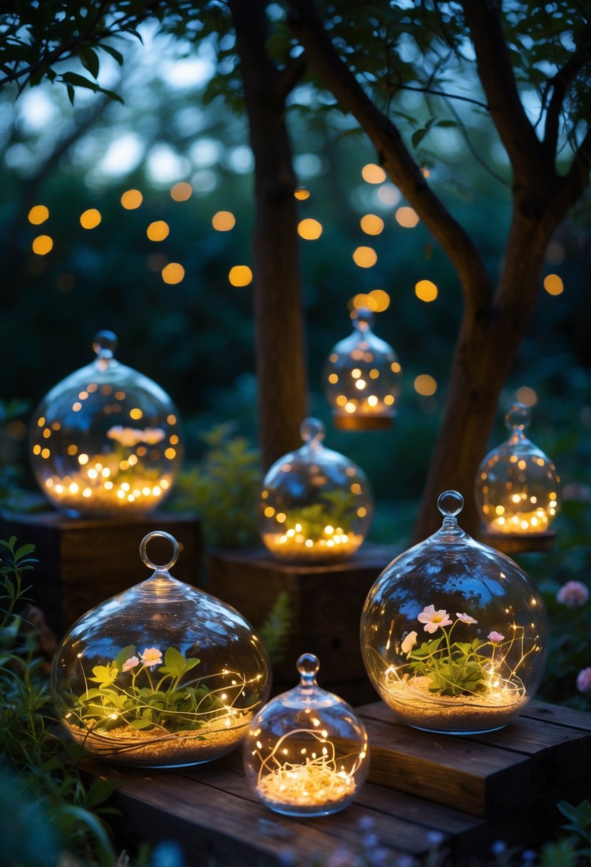 Glass terrariums filled with glowing fairy lights arranged in a garden surrounded by plants and trees.