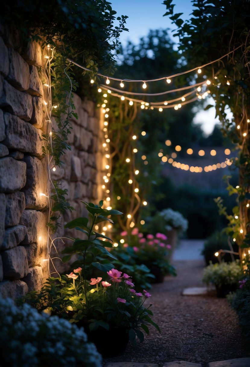 Garden walls decorated with glowing curtain fairy lights surrounded by plants and vines at dusk.