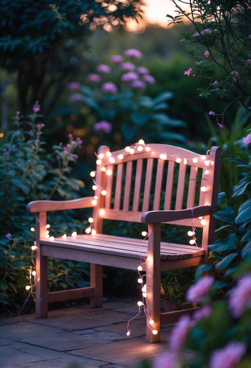 A wooden garden bench decorated with soft pink fairy lights surrounded by green plants and flowers.