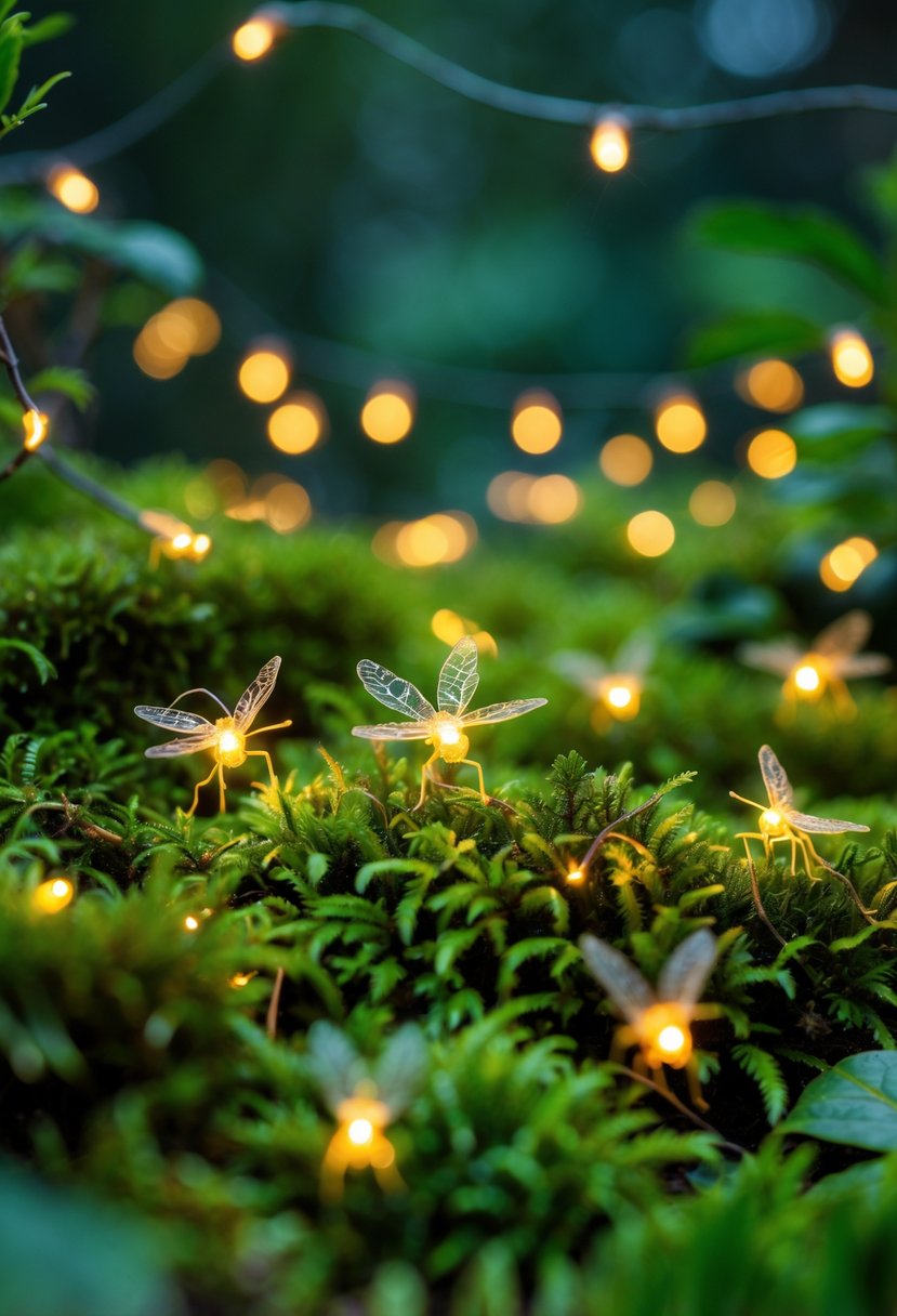 Close-up of tiny glowing fairy light fireflies nestled in green moss patches in a garden.