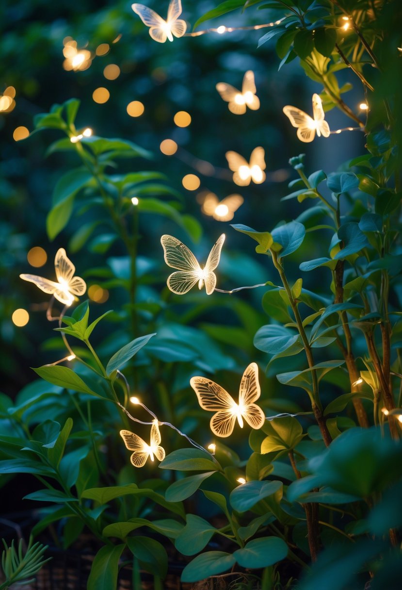 Butterfly-shaped LED fairy lights glowing softly among green plants in a garden.