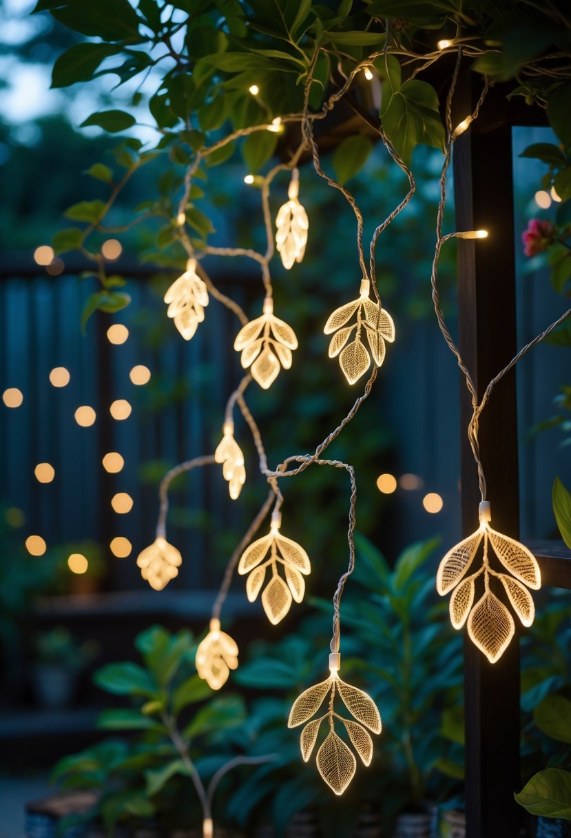 Twisted wire fairy lights shaped like leaves glowing softly in a garden at twilight.