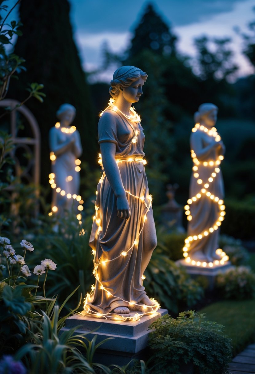 Garden statues wrapped with warm white fairy lights surrounded by plants at dusk.