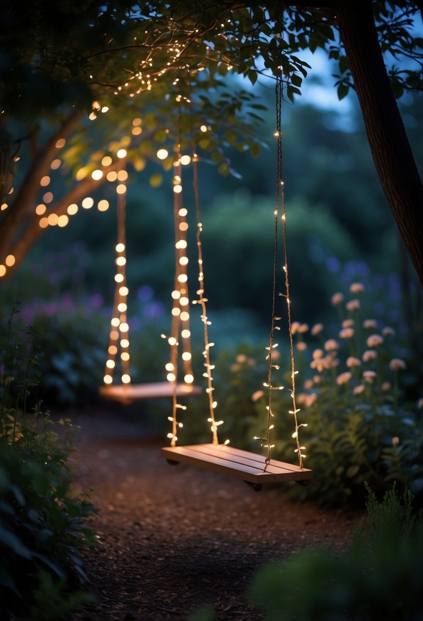 A nighttime garden with softly glowing fairy lights illuminating swings hanging from tree branches.