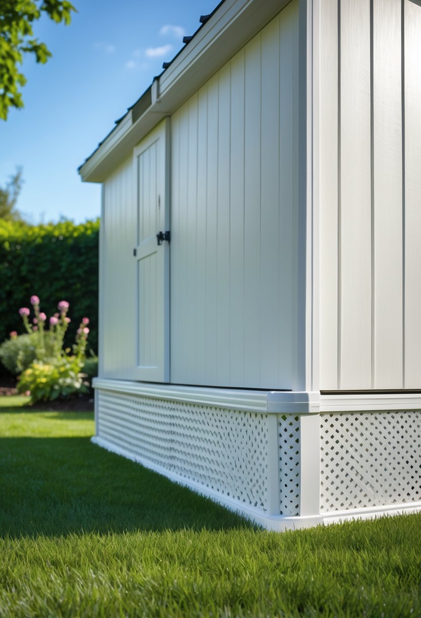 White vinyl lattice skirting around the base of a garden shed in a green garden setting.