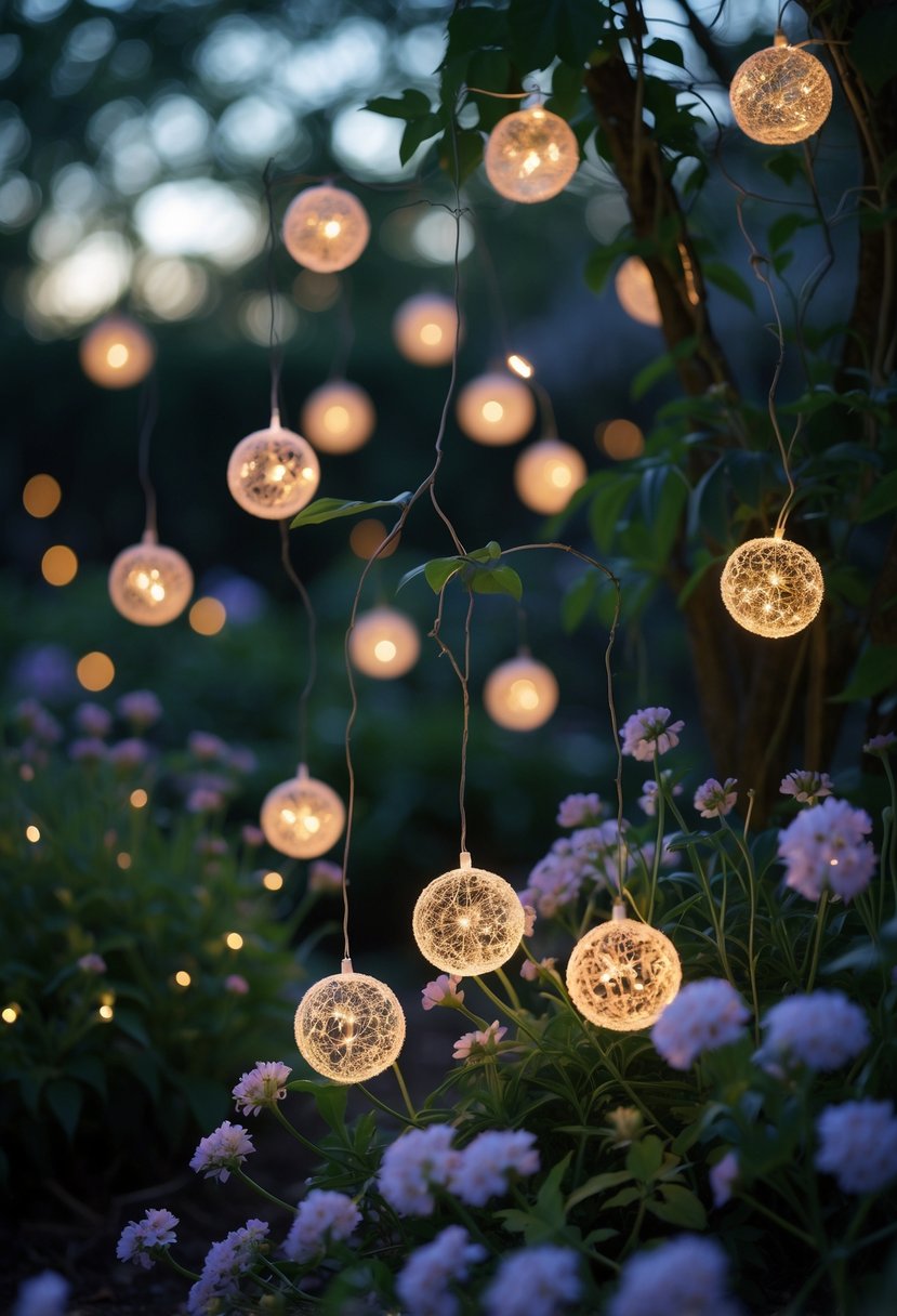 A garden at dusk with glowing fairy light orbs hanging among clusters of blooming flowers.