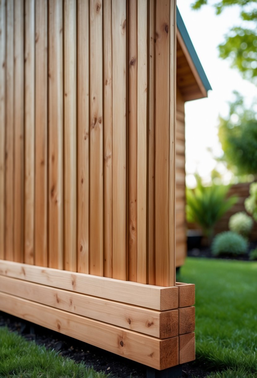 A garden shed with natural cedar wood panels around its base surrounded by grass and plants.