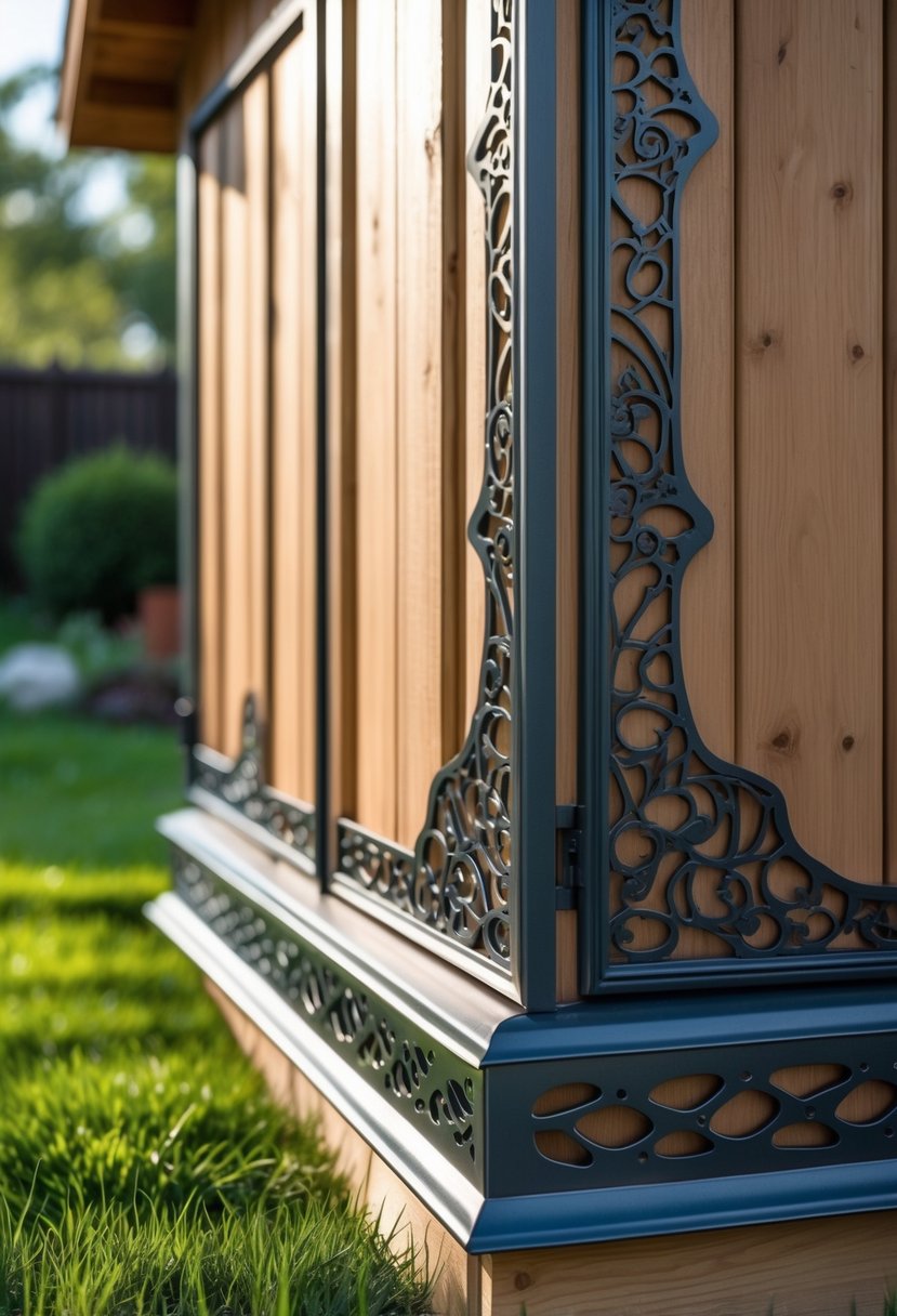 Close-up view of decorative metal vents installed around the base of a garden shed in a backyard.