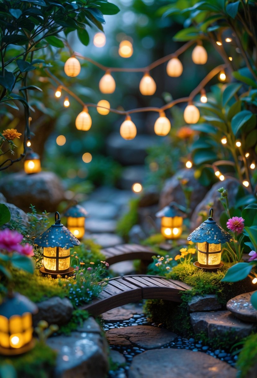Mini fairy lanterns hanging on small wooden garden bridges surrounded by green plants and colorful flowers softly lit by warm fairy lights.