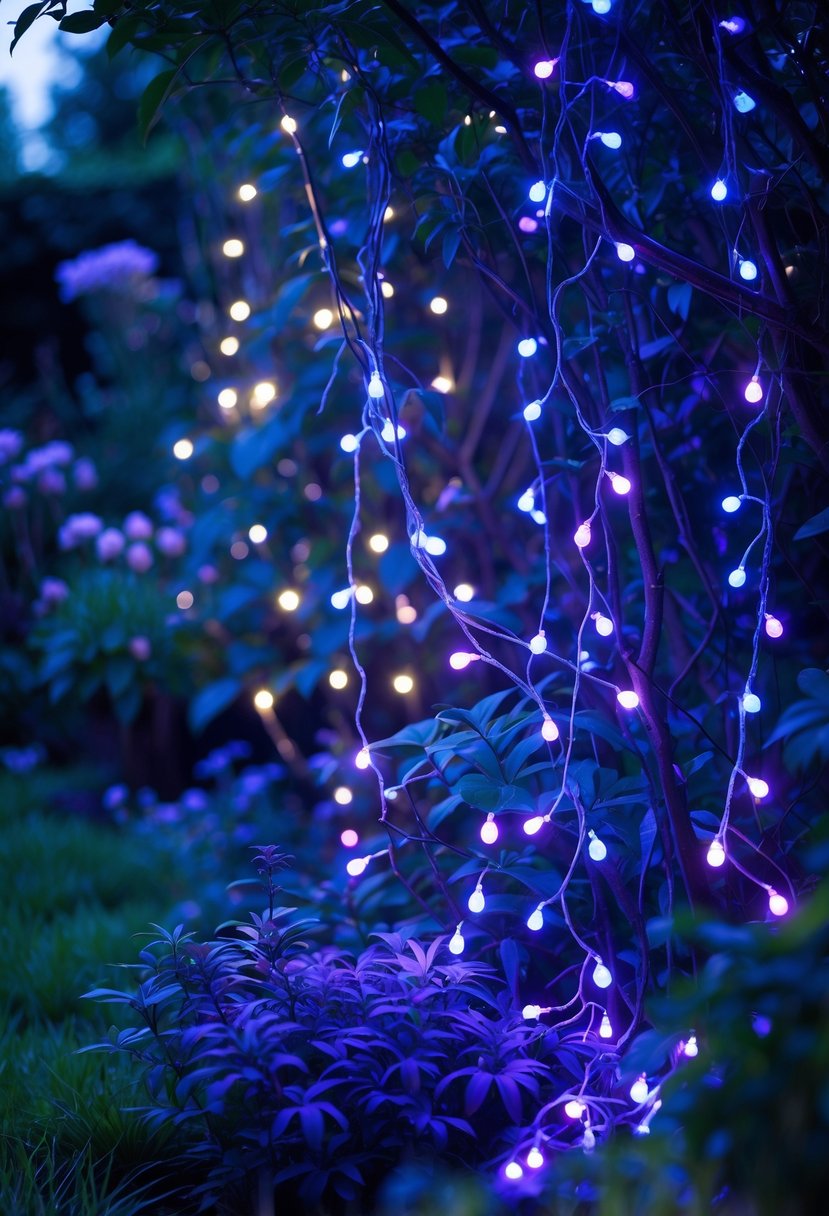 A garden at night softly lit by blue and purple fairy lights draped over plants and branches, creating a magical glow.