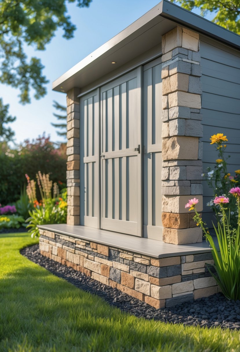 A garden shed with faux stone panels around its base surrounded by grass and flowering plants.