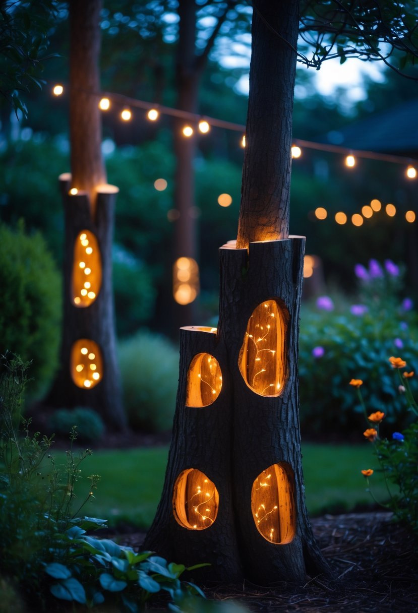 A garden at dusk with hollow tree trunks glowing softly from fairy lights hidden inside them, surrounded by plants and greenery.