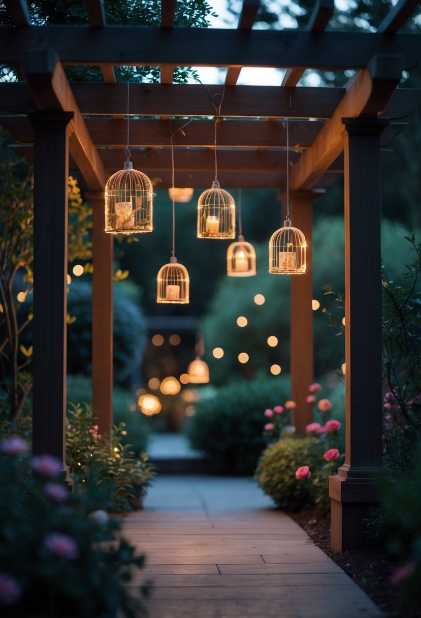 A garden with pergolas decorated with hanging fairy light cages glowing softly among plants and flowers at twilight.