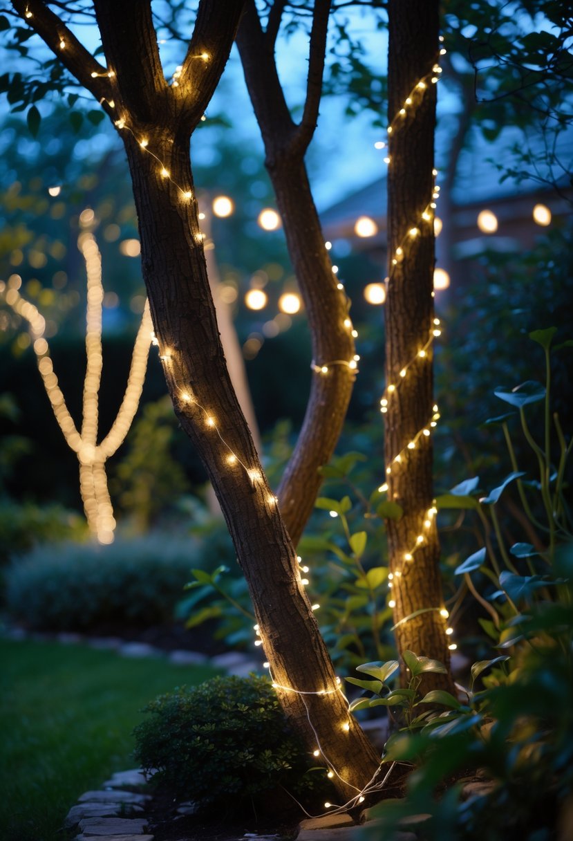 Tree branches wrapped with twinkling LED fairy lights in a garden at dusk.