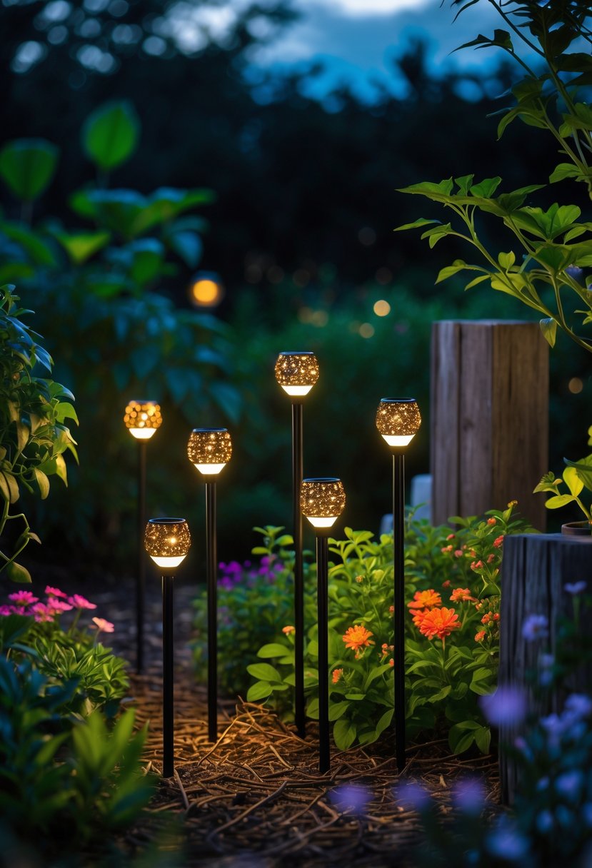 Solar-powered fairy light stakes glowing warmly in a garden surrounded by plants and flowers at twilight.