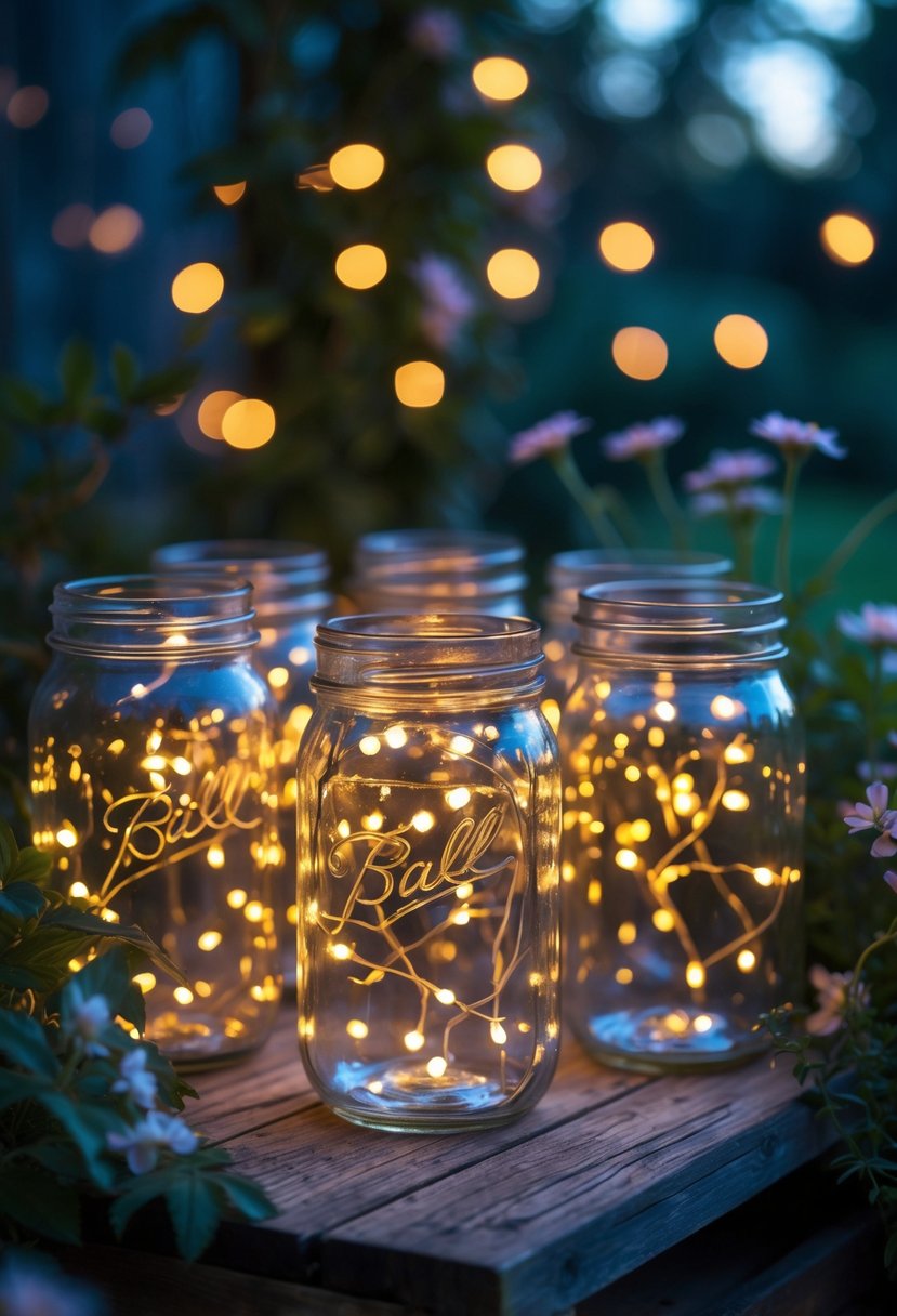 Mason jars filled with glowing fairy lights placed on a wooden surface surrounded by garden plants and flowers at dusk.
